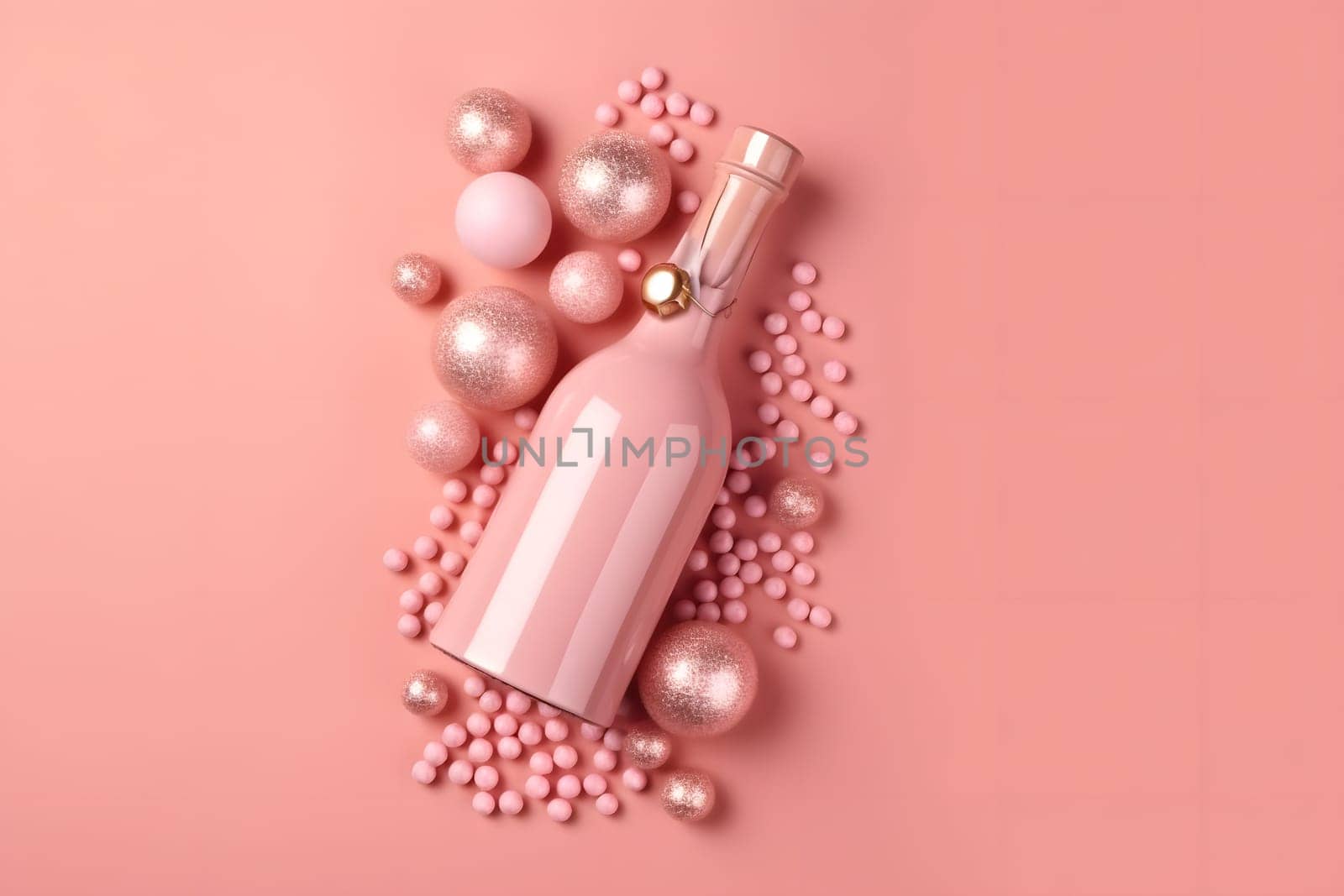 pink champagne bottle on pink background with some pink christmas tree balls, neural network generated photorealistic image by z1b