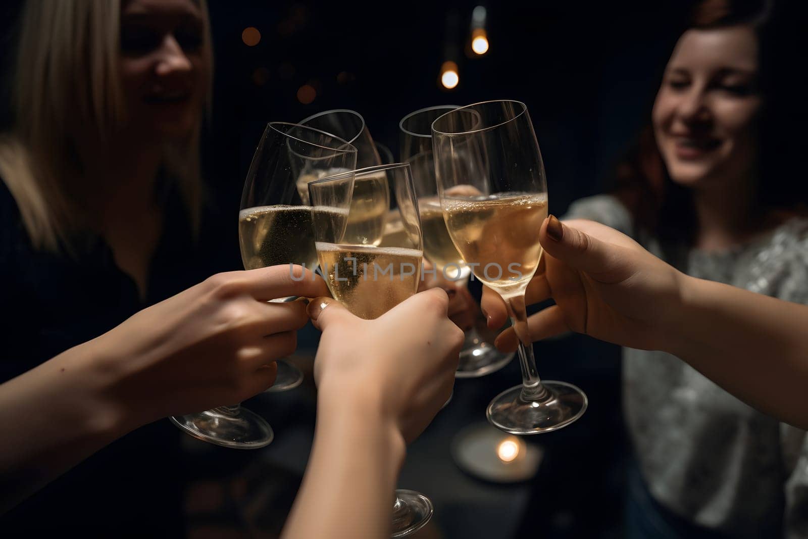 Many cheering caucasian women hands with champagne glasses on dark background. Neural network generated in May 2023. Not based on any actual person, scene or pattern.