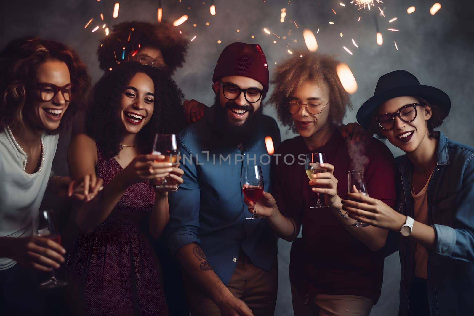 People together celebrating friends at generic party. Neural network generated in May 2023. Not based on any actual person, scene or pattern.