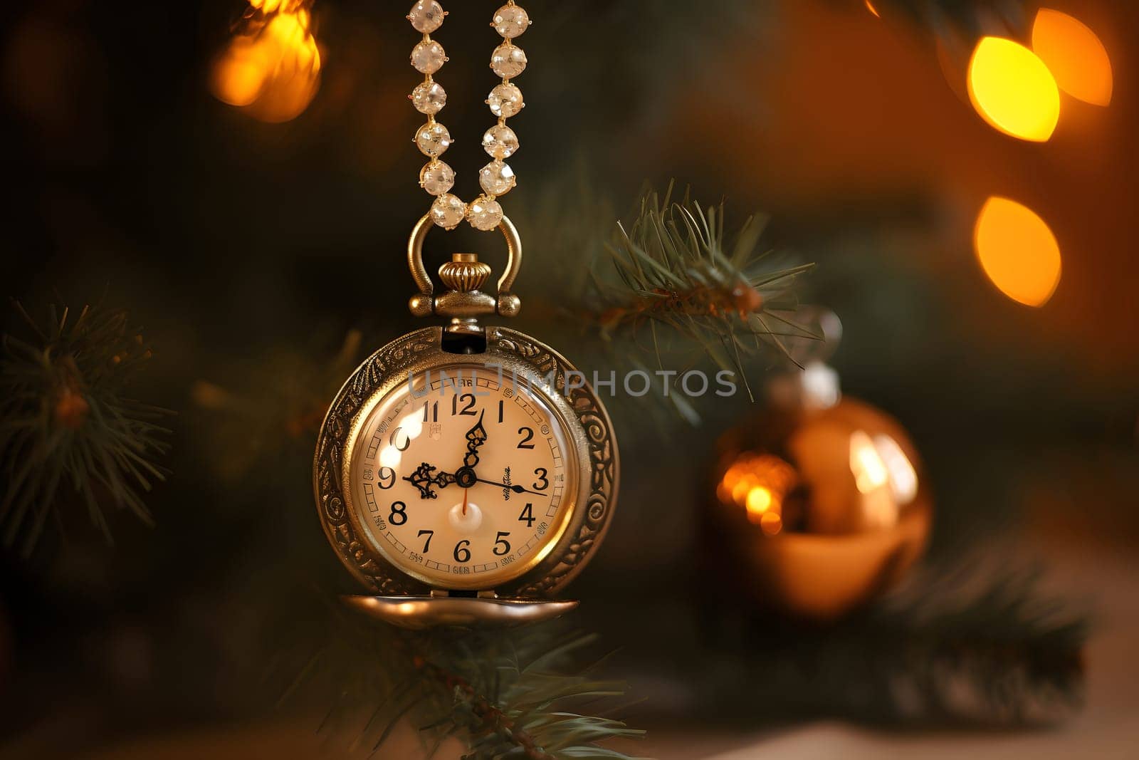 Small clock with jewelry as Christmas tree decoration, neural network generated photorealistic image by z1b