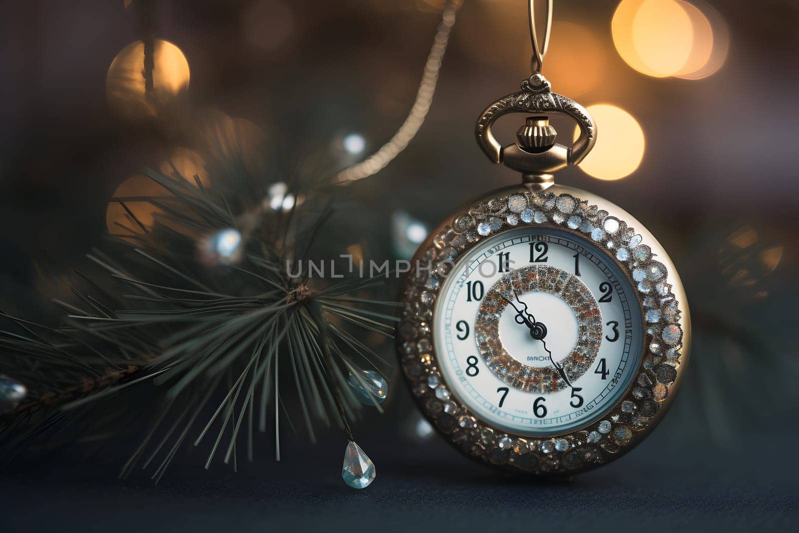 Small clock with jewelry as Christmas tree decoration, neural network generated photorealistic image by z1b