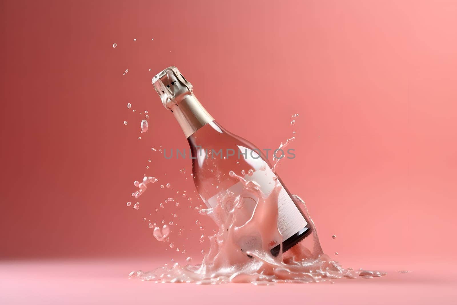 unopened bottle of champagne with splashes on pink background. Neural network generated in May 2023. Not based on any actual scene or pattern.