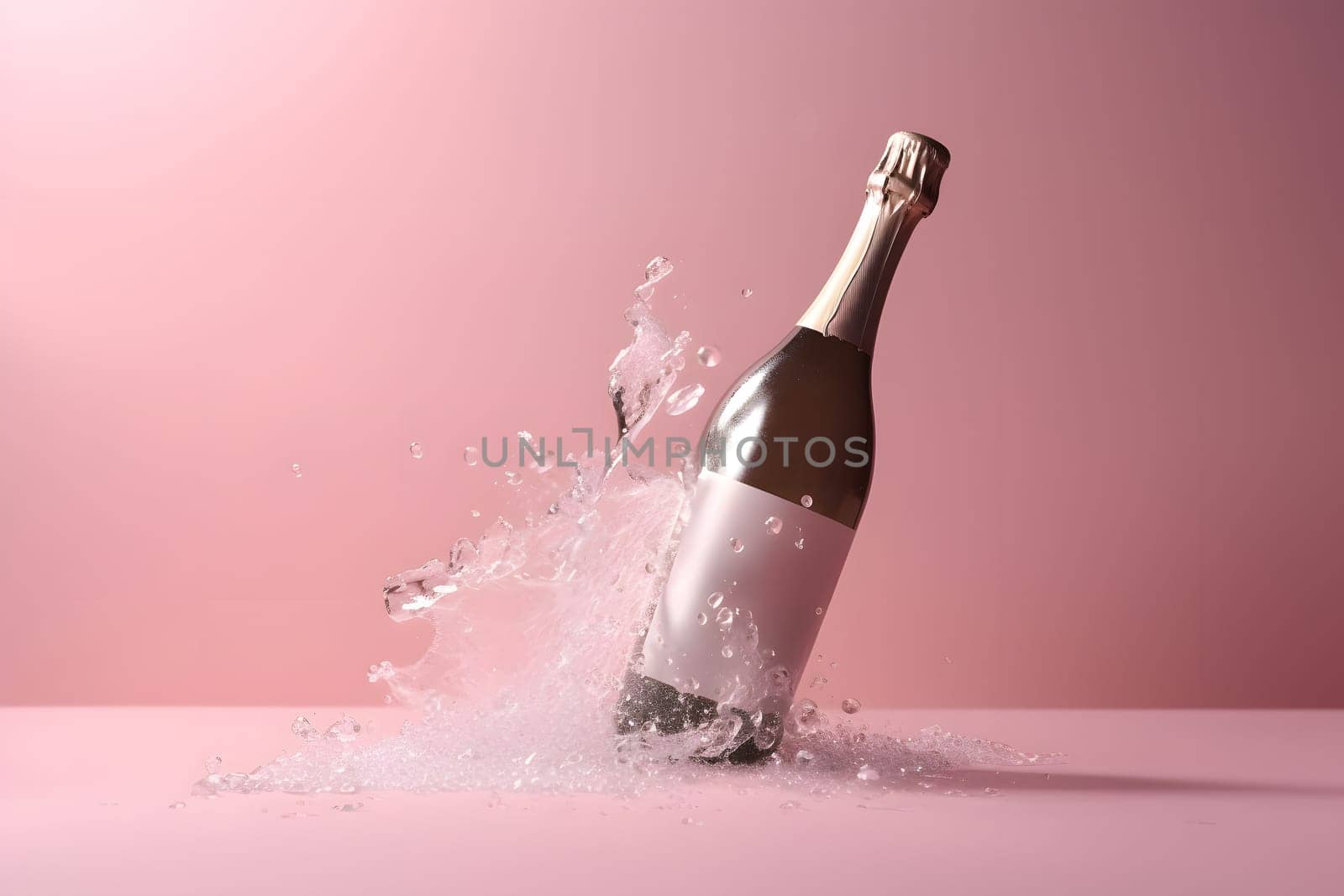 unopened bottle of champagne with splashes on pink background, neural network generated photorealistic image by z1b
