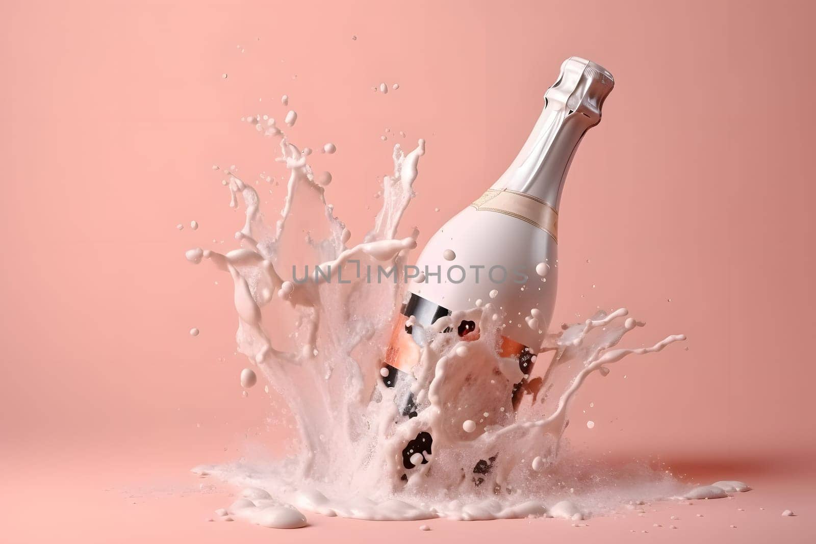 unopened bottle of champagne with splashes on pink background, neural network generated photorealistic image by z1b