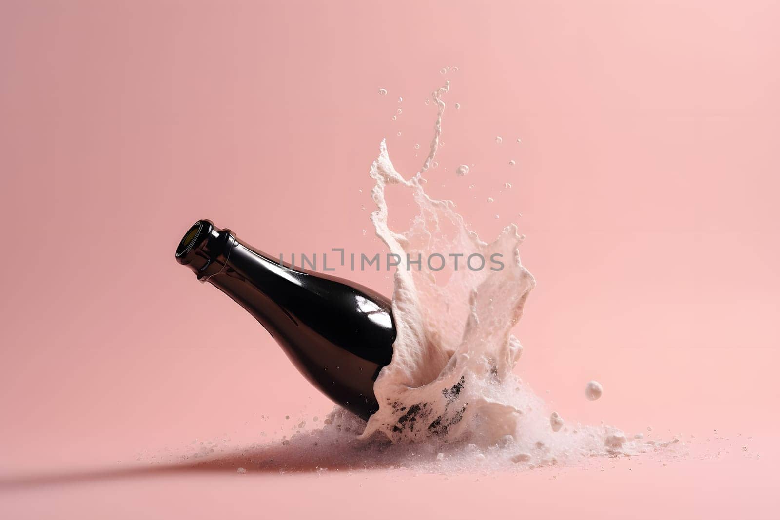 opened bottle of champagne with splashes on pink background. Neural network generated in May 2023. Not based on any actual scene or pattern.