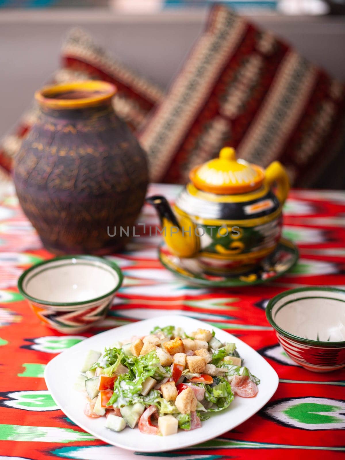 Tomato, cucumber, sweet pepper and onion salad, seasoned with oil. Asian style by tewolf