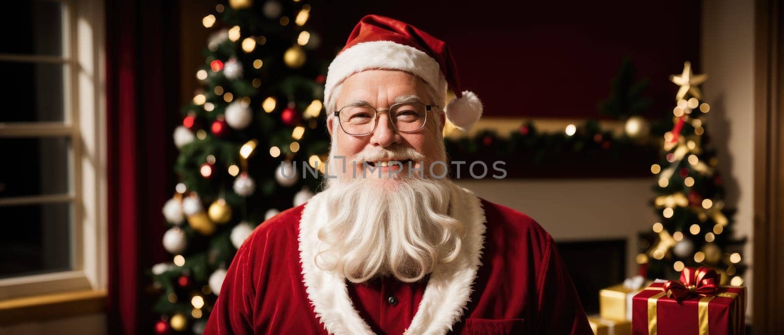 santa smiling in christmas with gifts and xmas tree, ai