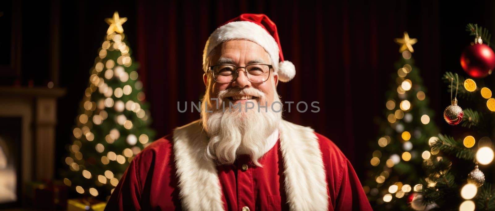 santa smiling in christmas with gifts and xmas tree, ai