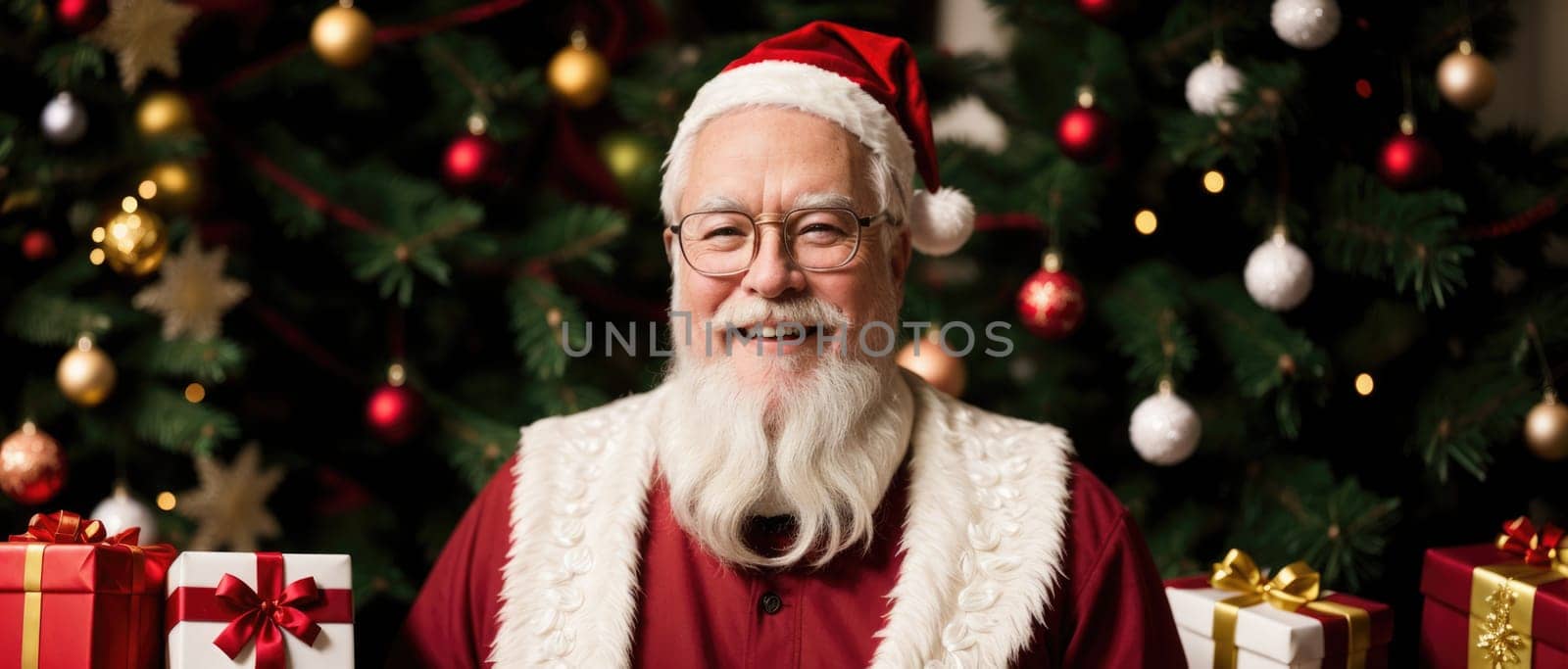 santa smiling in christmas with gifts and xmas tree, ai