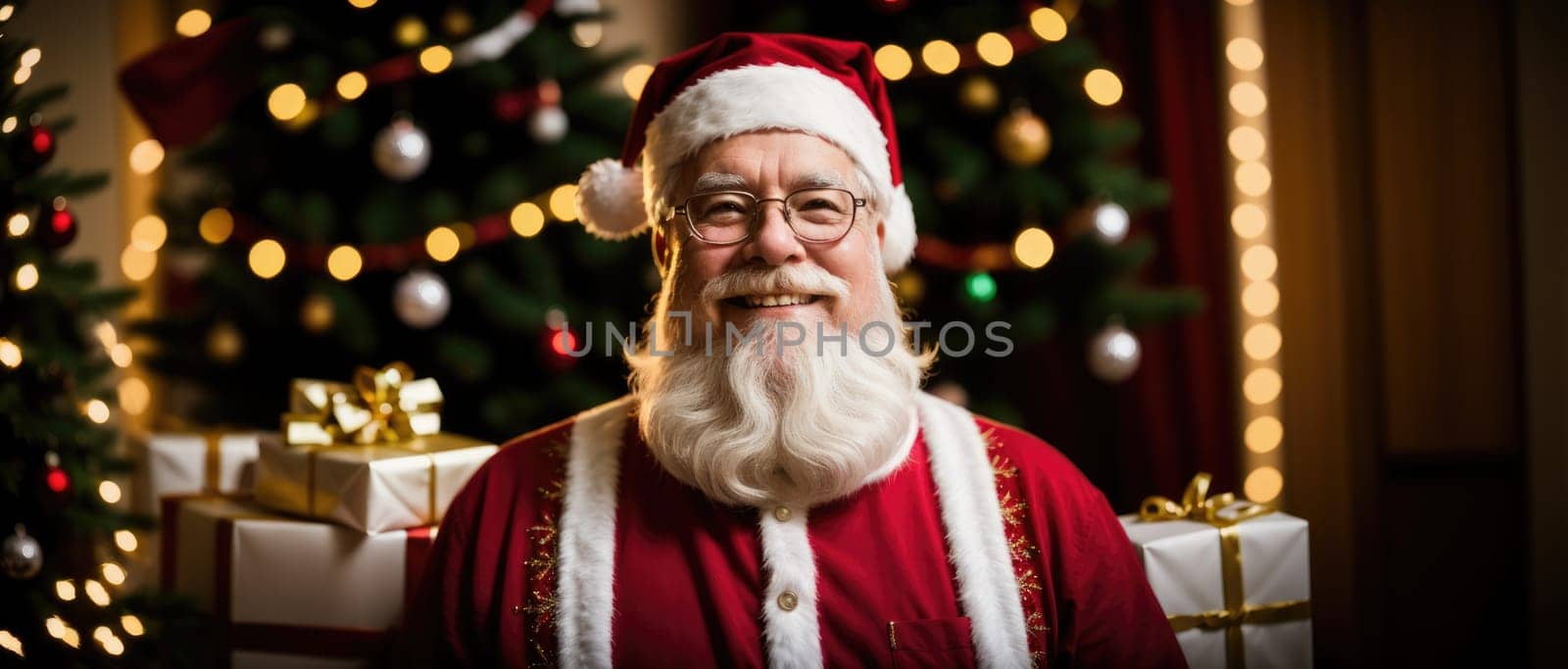 santa smiling in christmas with gifts and xmas tree, ai