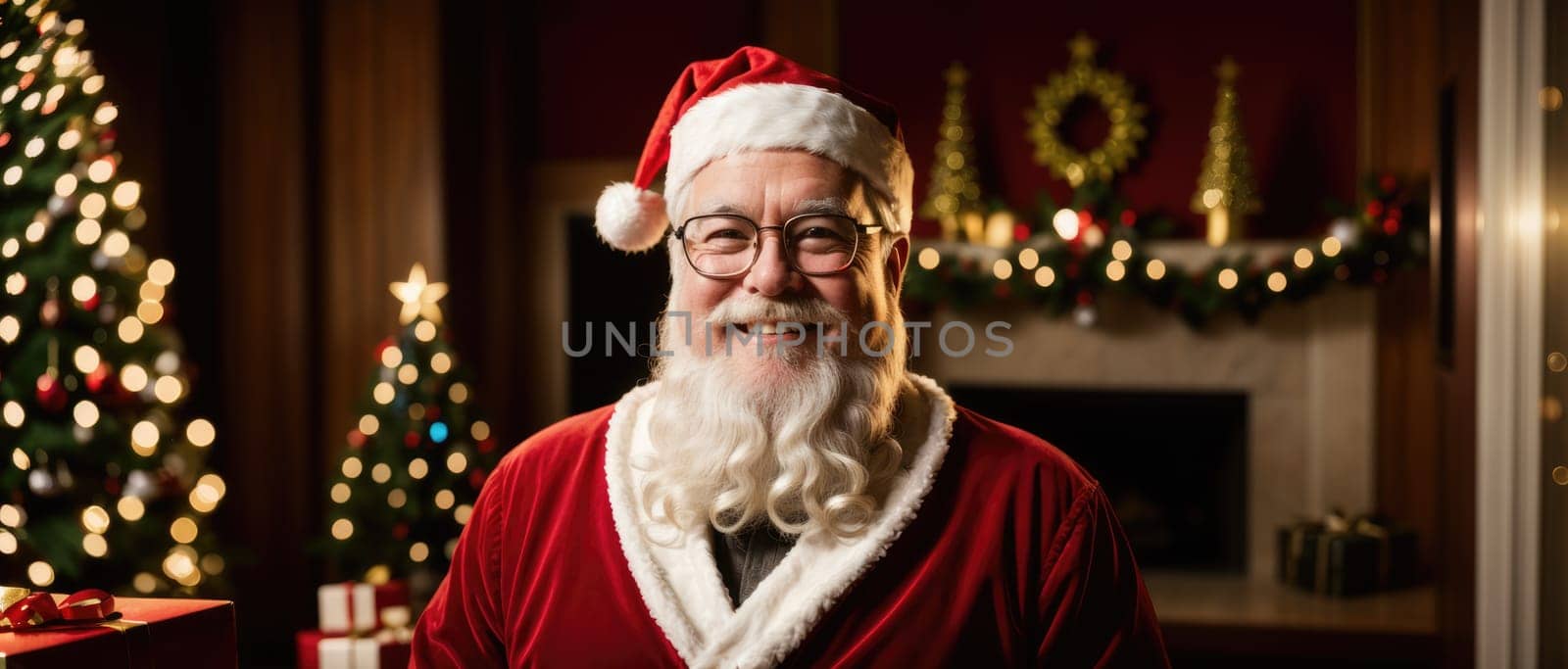 santa smiling in christmas with gifts and xmas tree, ai