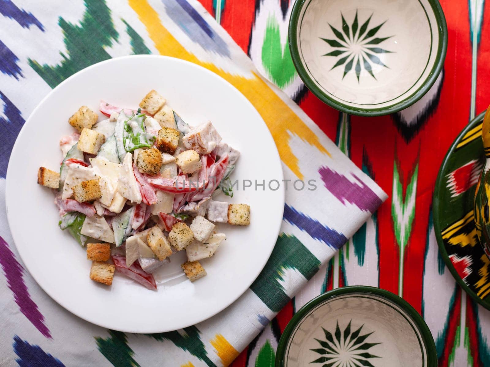 Malibu salad with crab sticks and croutons, feta cheese and vegetables. Asian style by tewolf