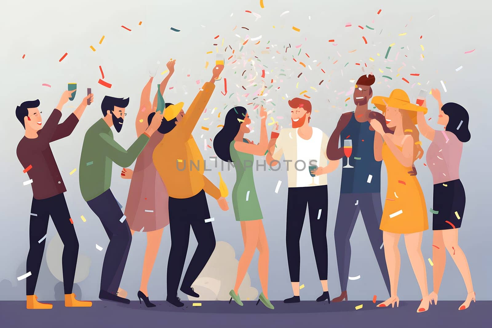 People together celebrating at party - 2d cartoon style. Neural network generated in May 2023. Not based on any actual person, scene or pattern.