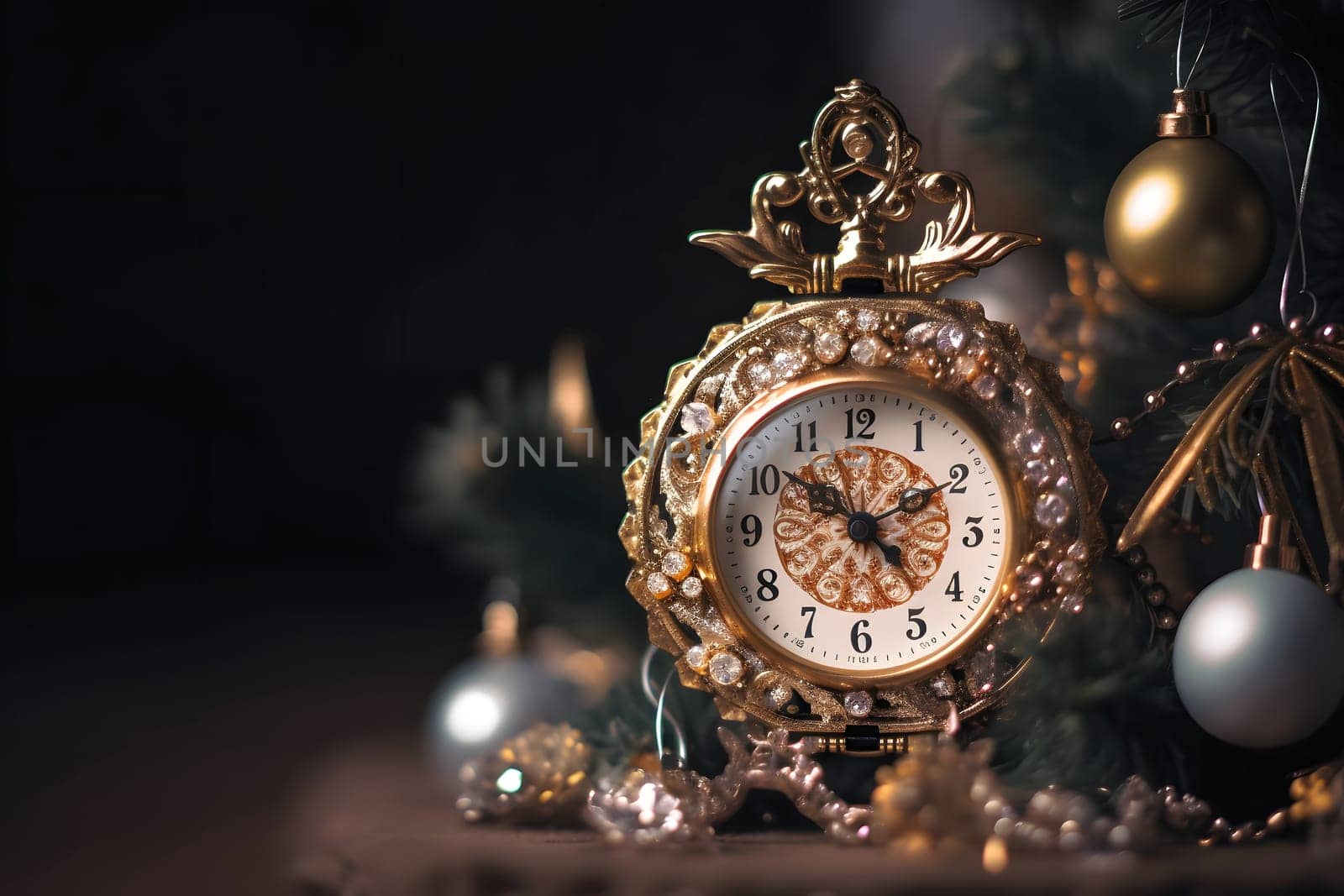 Small clock with jewelry as Christmas tree decoration, neural network generated photorealistic image by z1b