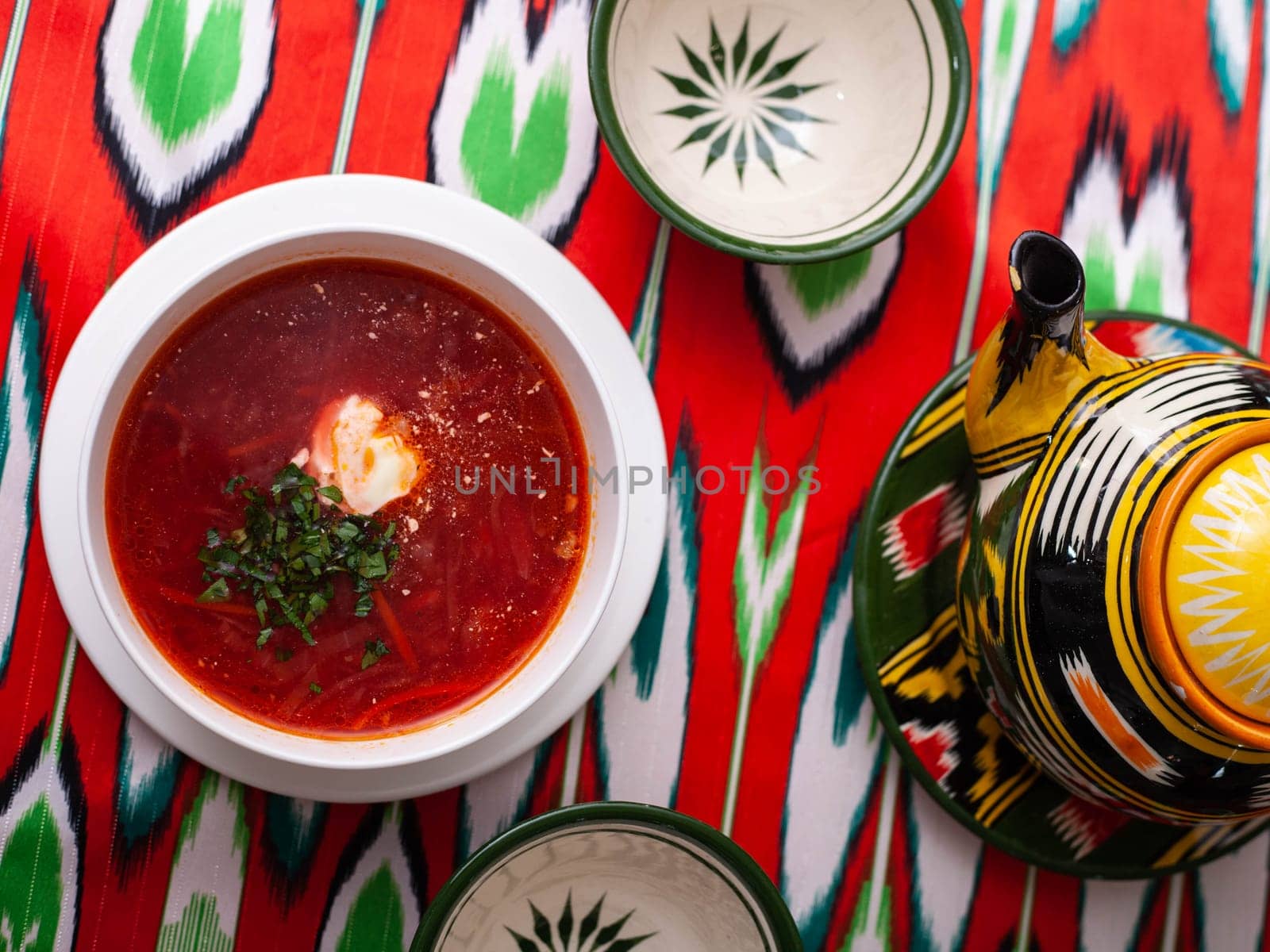 Borscht. Russian soup made from meat, beets, potatoes and served with sour cream. Asian style. High quality photo