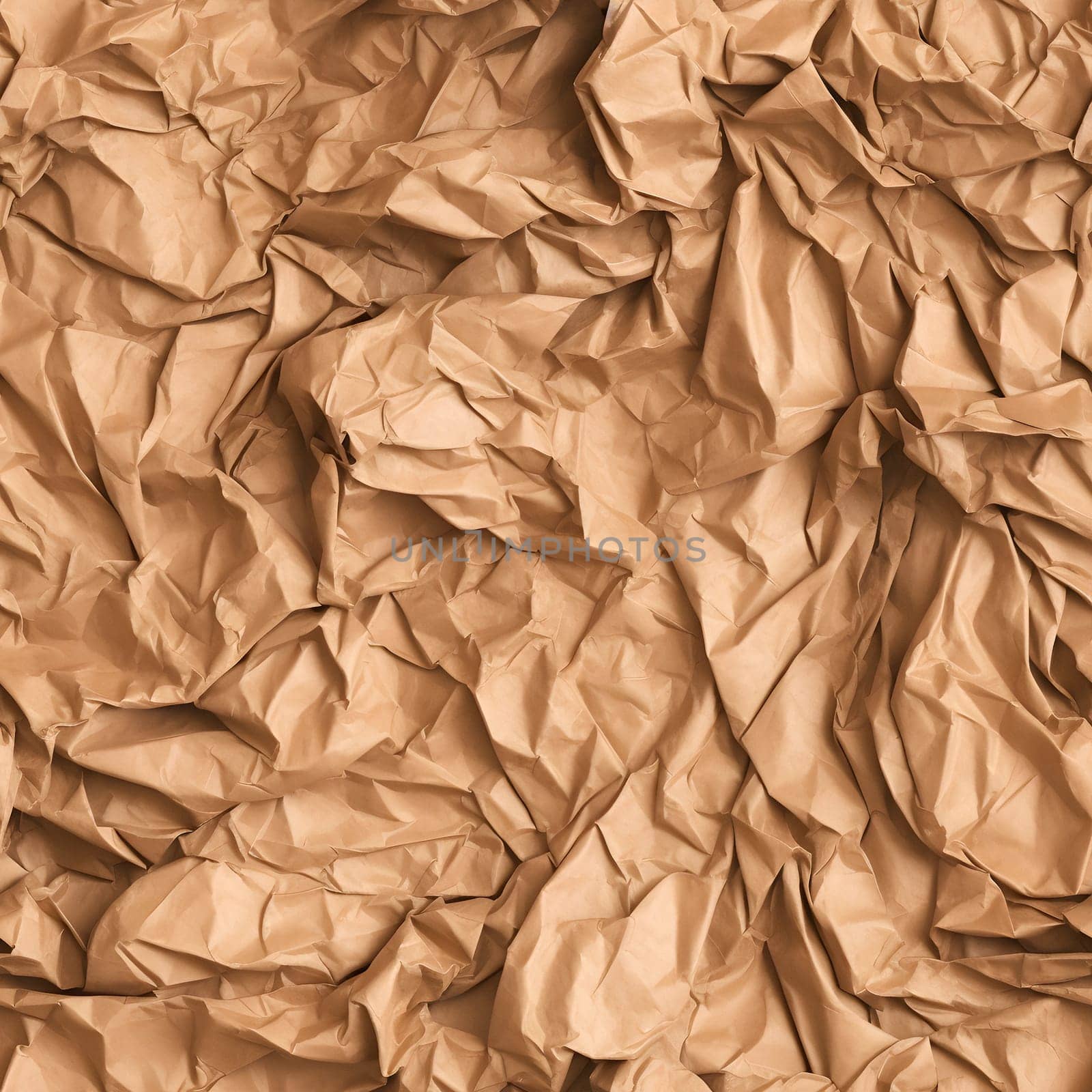 Crumpled brown paper seamless texture and background. Neural network generated in May 2023. Not based on any actual scene or pattern.