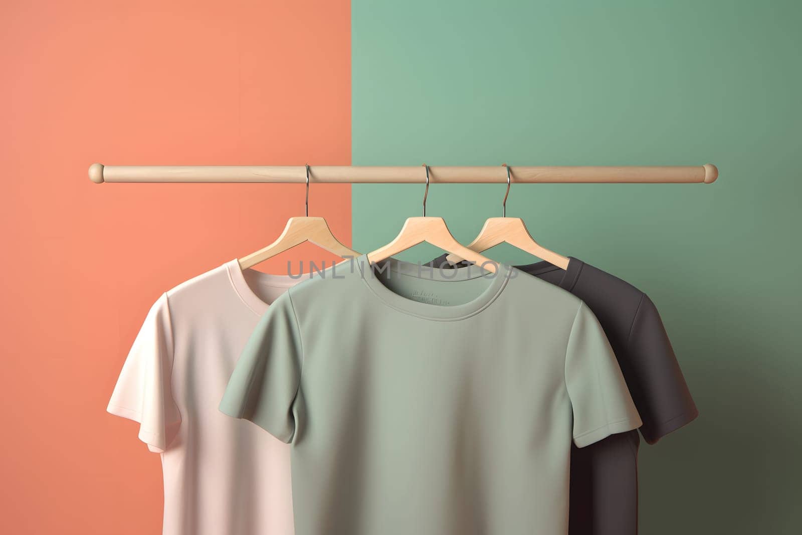 Hangers with blank monocolor t-shirts on orange and green background, neural network generated image by z1b