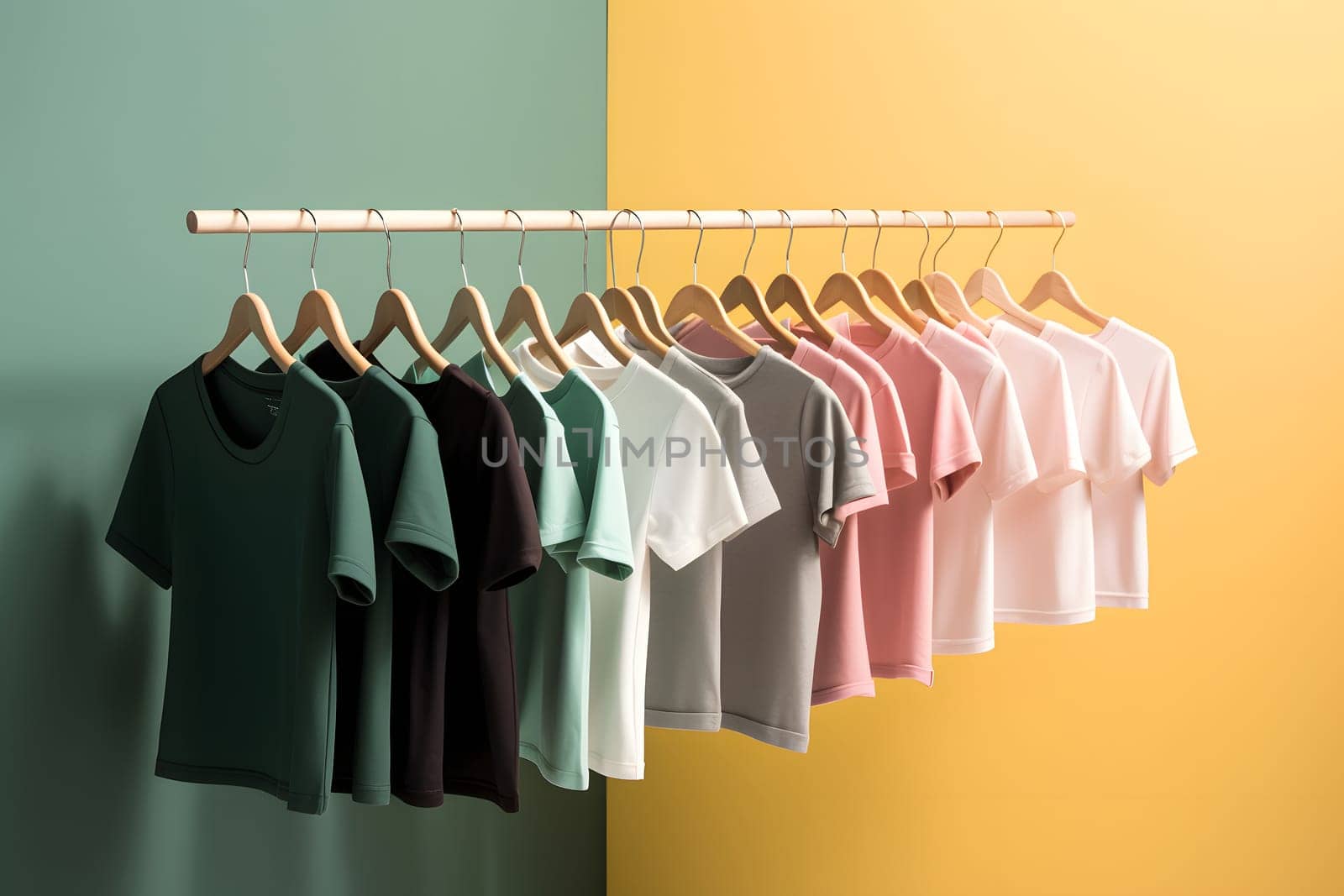 Hangers with blank monocolor t-shirts on green and yellow background. Neural network generated in May 2023. Not based on any actual scene or pattern.