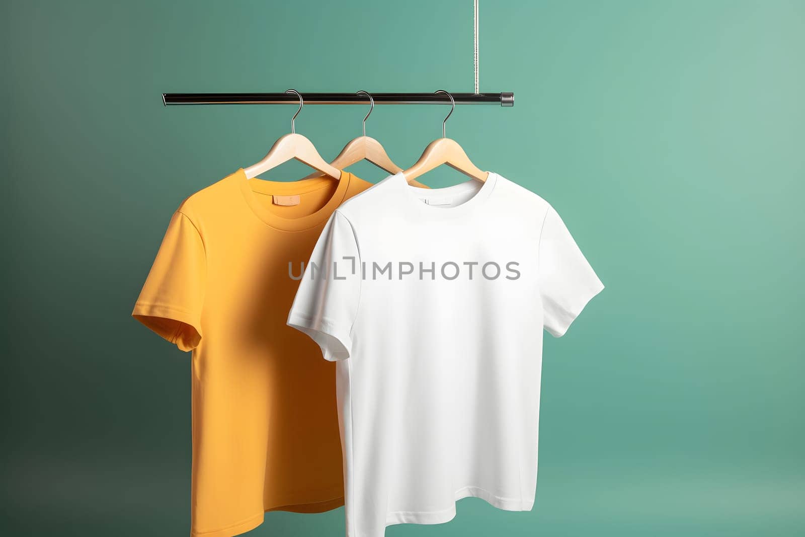 Hangers with blank monocolor t-shirts on green background, neural network generated image by z1b