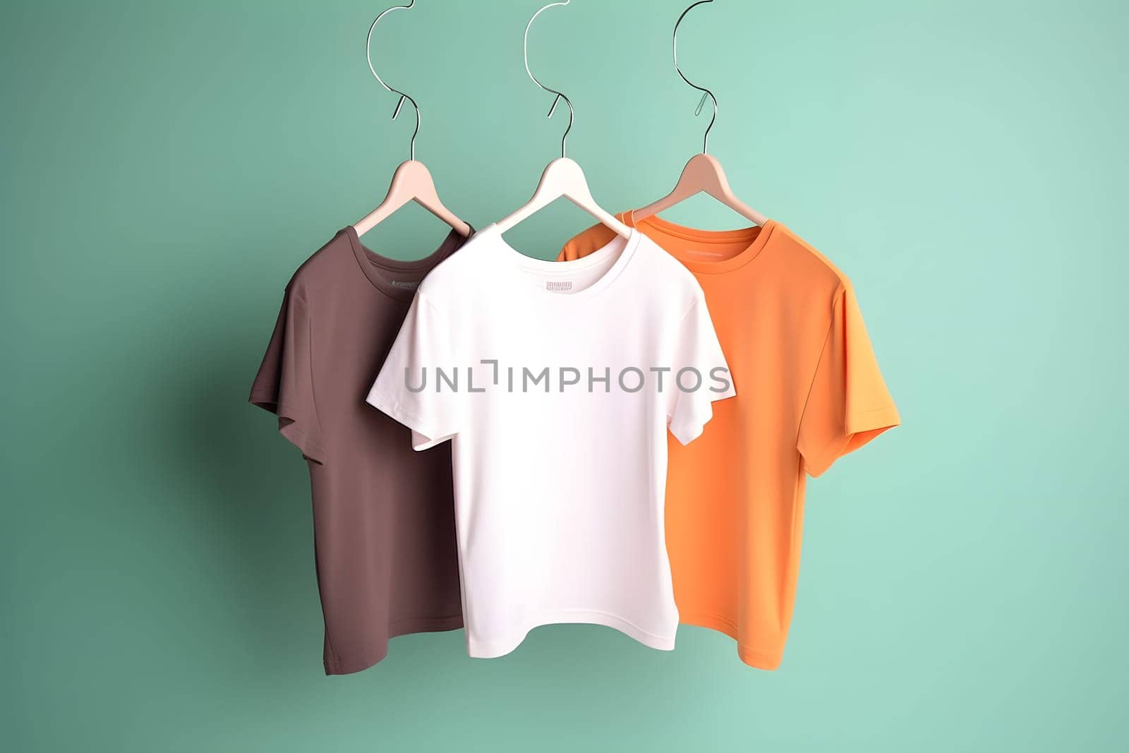 Hangers with blank monocolor t-shirts on turquoise background. Neural network generated in May 2023. Not based on any actual scene or pattern.