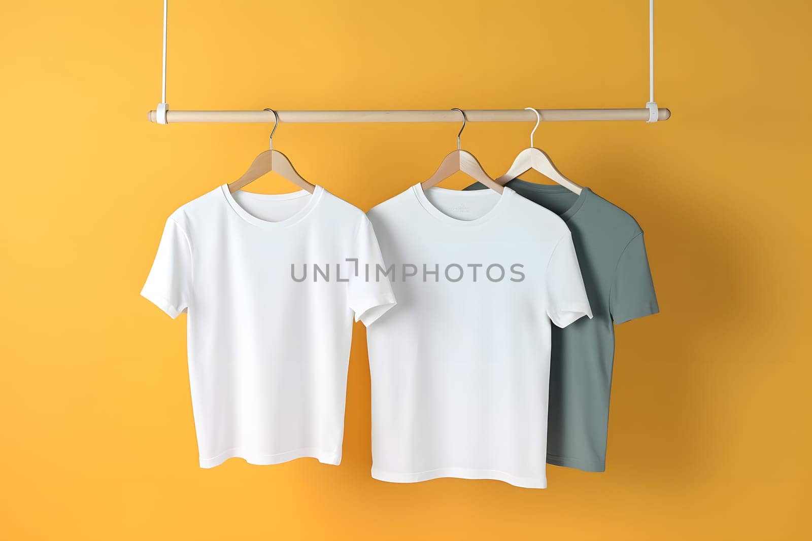 Hangers with blank monocolor t-shirts on yellow background, neural network generated image by z1b