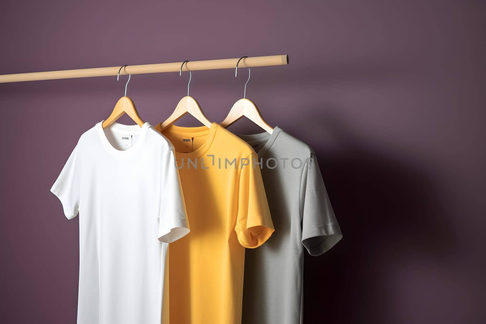 Hangers with blank monocolor t-shirts on purple background. Neural network generated in May 2023. Not based on any actual scene or pattern.