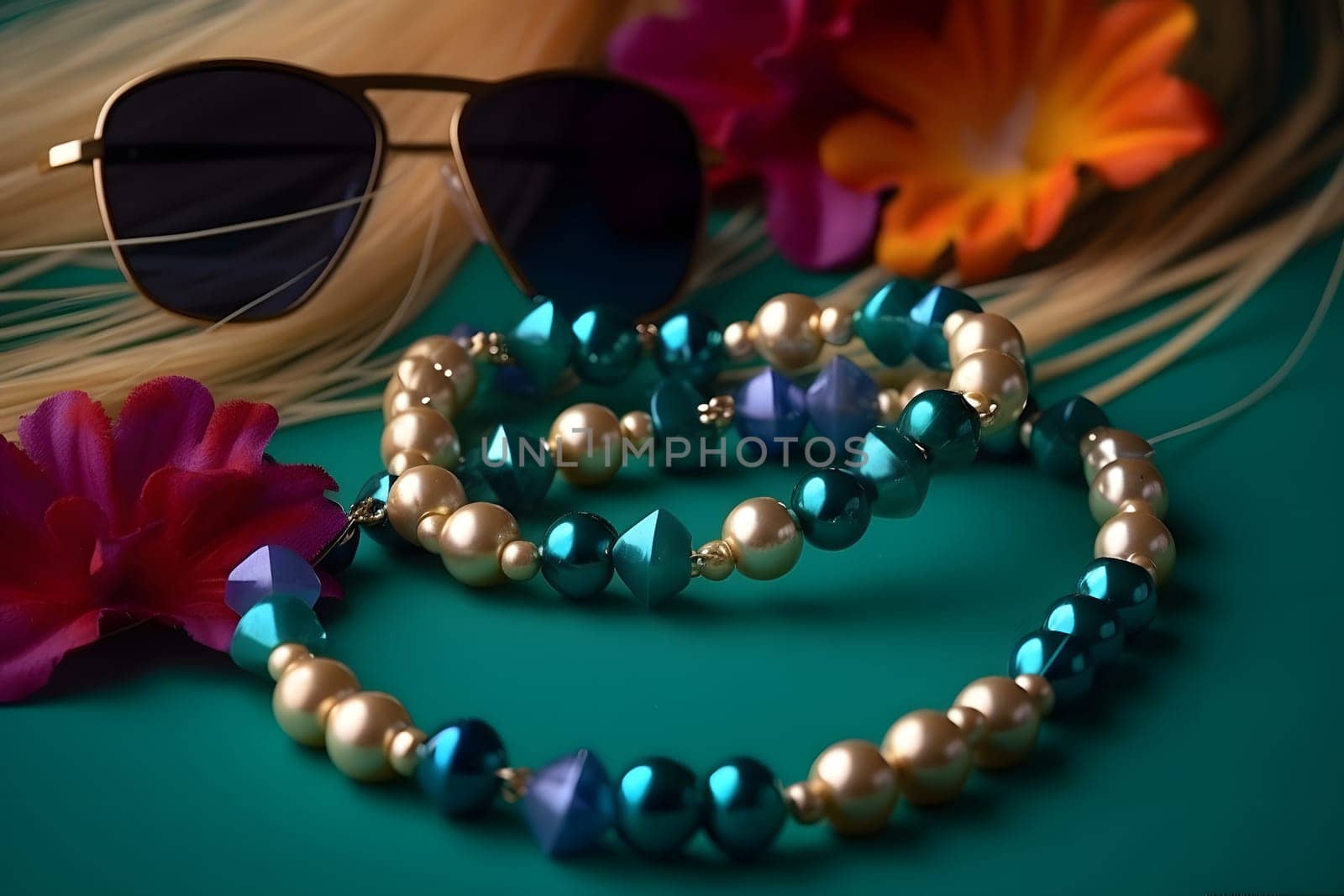 sunglasses, flowers, straw and beads on flat green surface, neural network generated photorealistic image by z1b