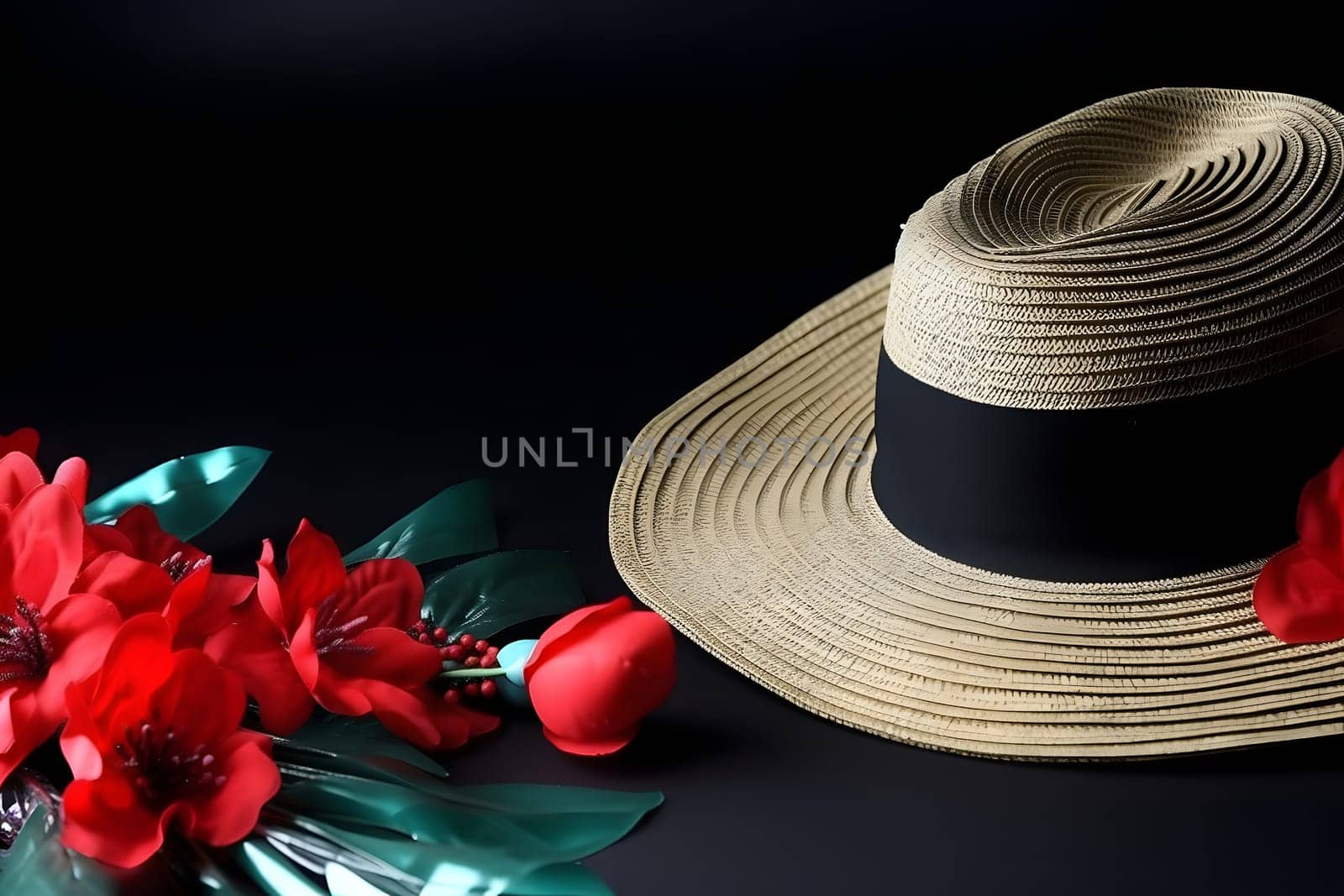 Holiday theme. Straw hat and flower on black background, neural network generated image by z1b
