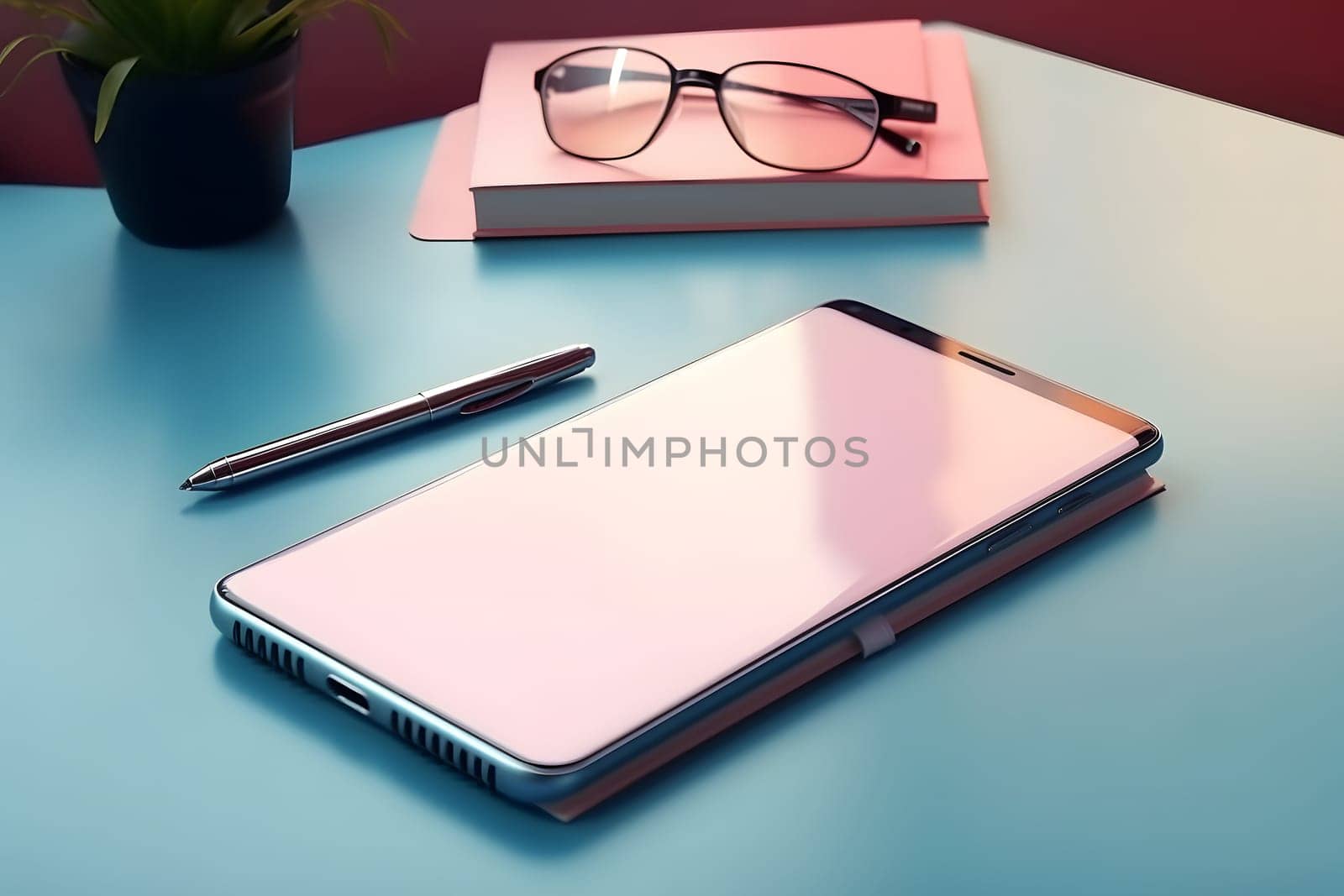Smartphone, glasses, pen and pink notebook on blue table. Mock up, neural network generated image by z1b
