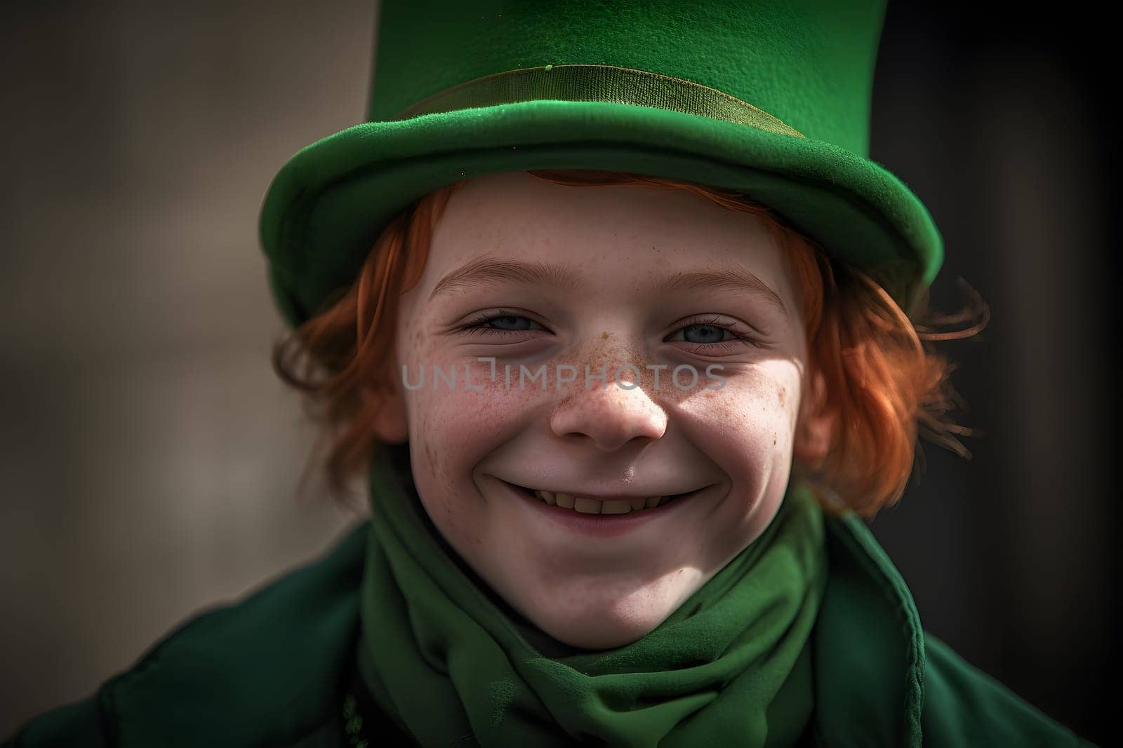 St. Patrick day. A red haired leprechaun in a green cylinder with a mischievous grin. Neural network generated in May 2023. Not based on any actual person, scene or pattern.