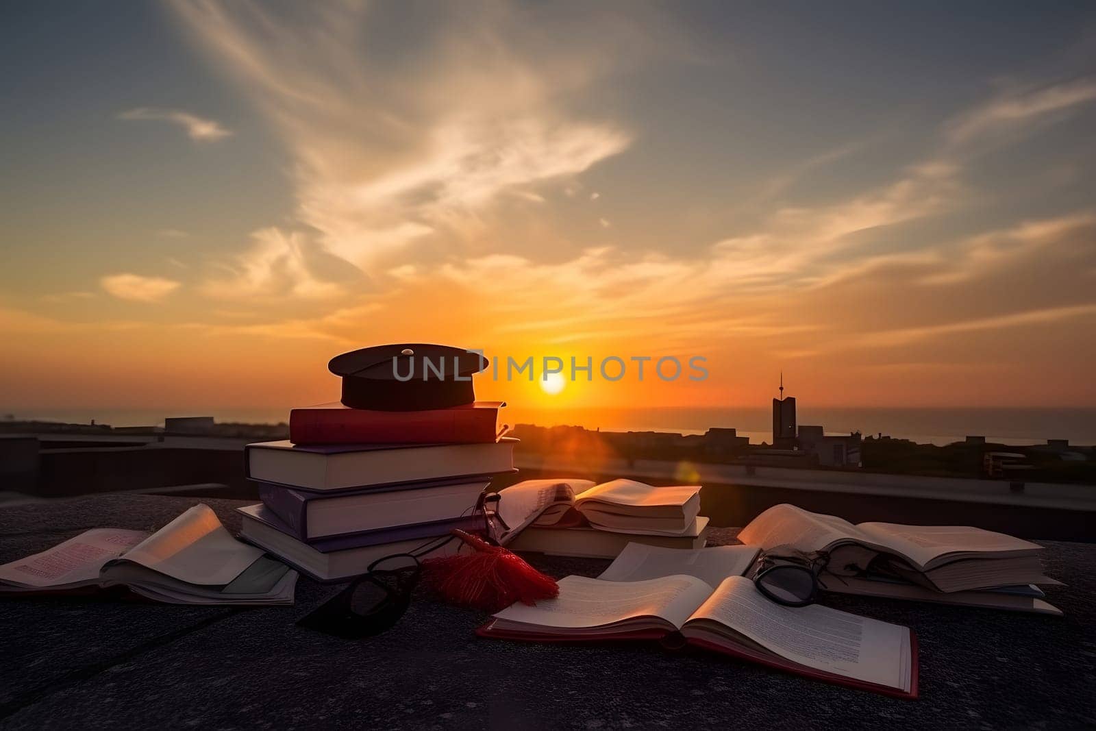 a stack of books and graduation cap on the roof with the sunset in the background. Neural network generated in May 2023. Not based on any actual scene or pattern.