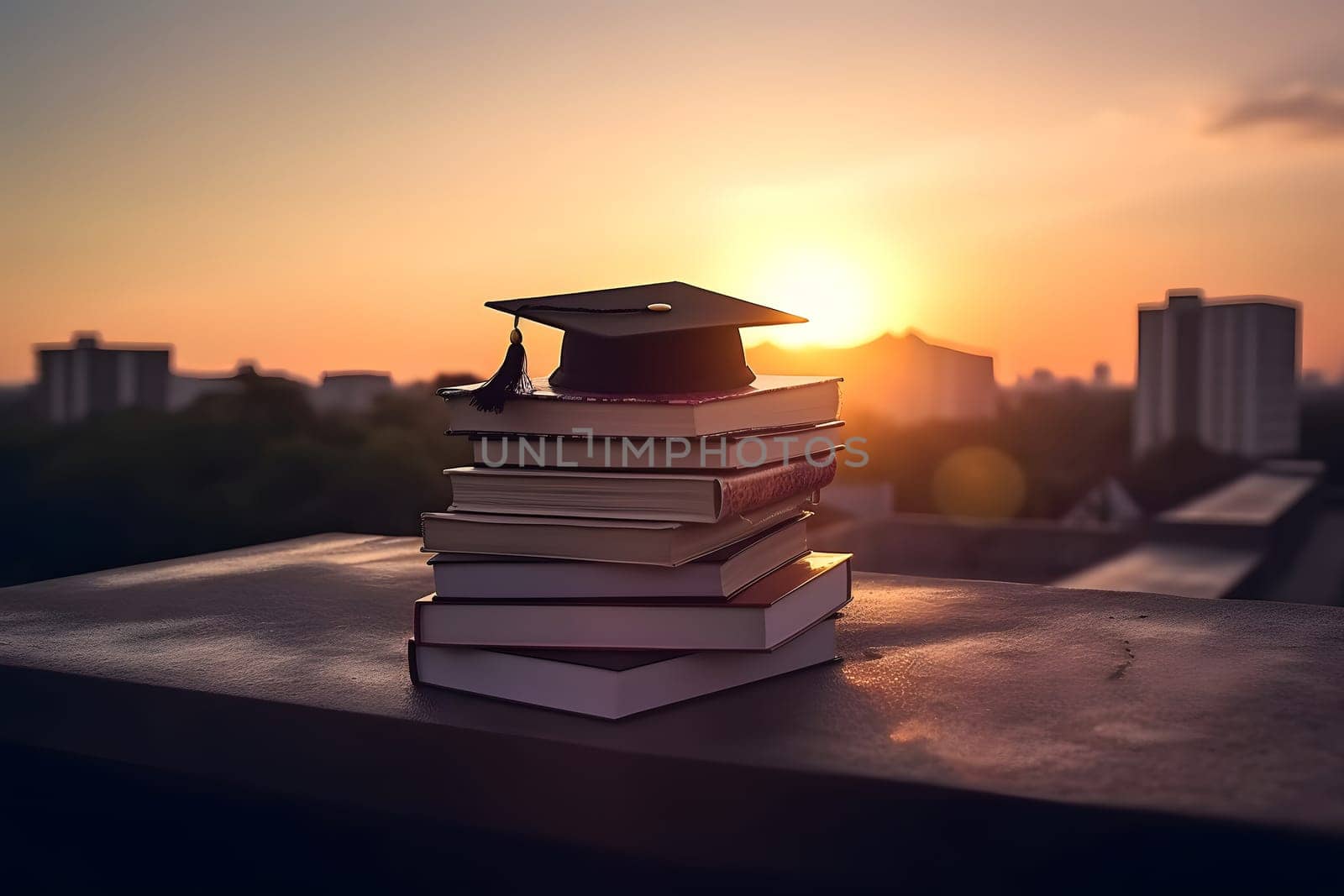 a stack of books and graduation cap on the roof with the sunset in the background, neural network generated image by z1b