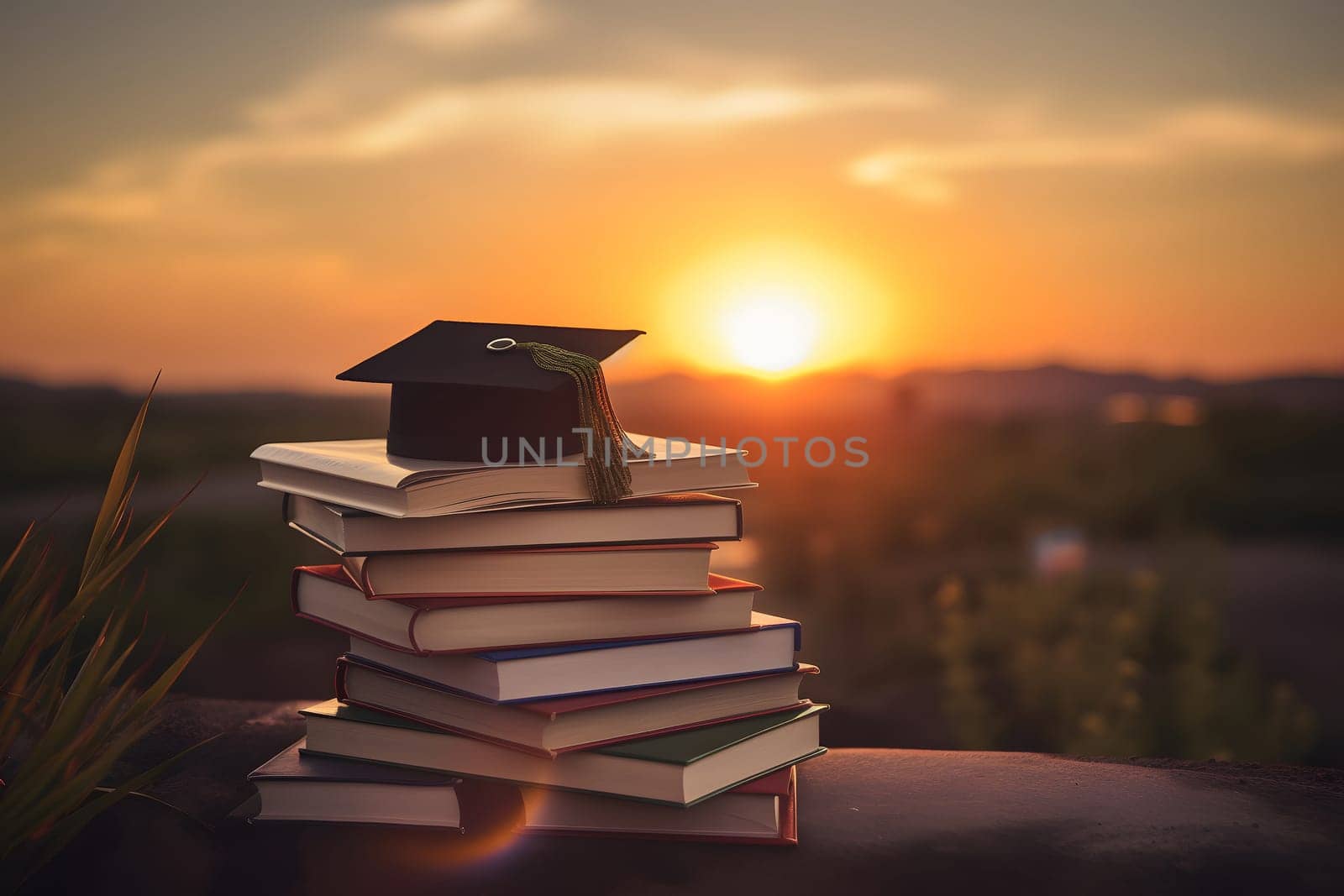 a stack of books and graduation cap on the roof with the sunset in the background. Neural network generated in May 2023. Not based on any actual scene or pattern.