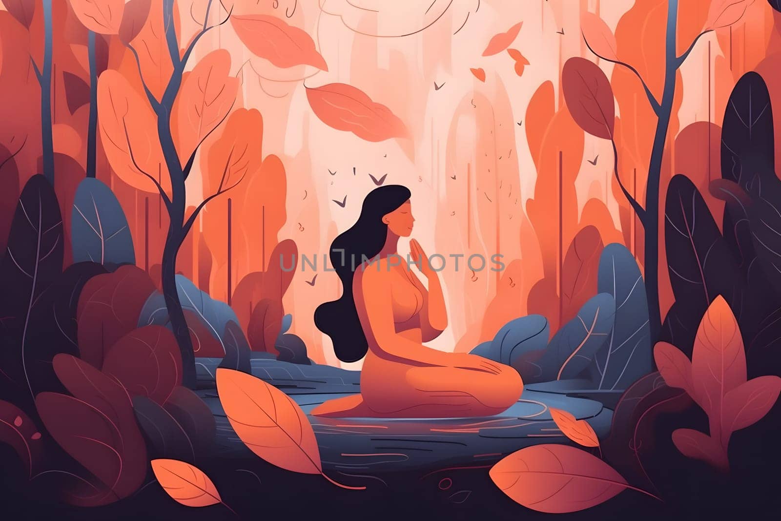 2d flat style illustration of woman meditating in autumn forest in lotus position surrounded with leaves., neural network generated image by z1b