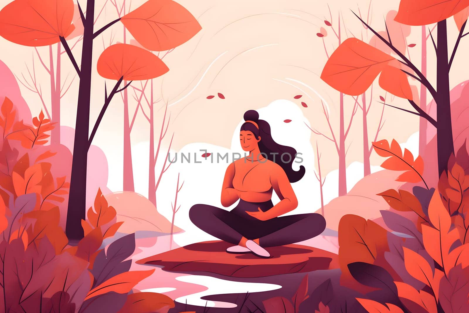 2d flat style illustration of woman meditating in autumn forest in lotus position surrounded with leaves., neural network generated image by z1b