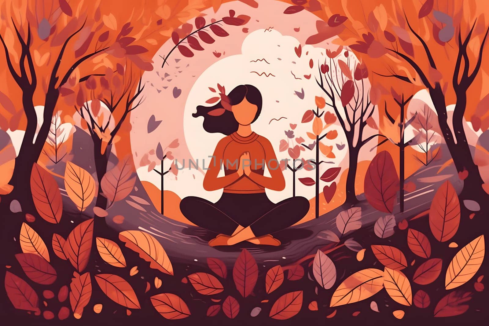 2d flat style illustration of woman meditating in autumn forest in lotus position surrounded with leaves., neural network generated image by z1b