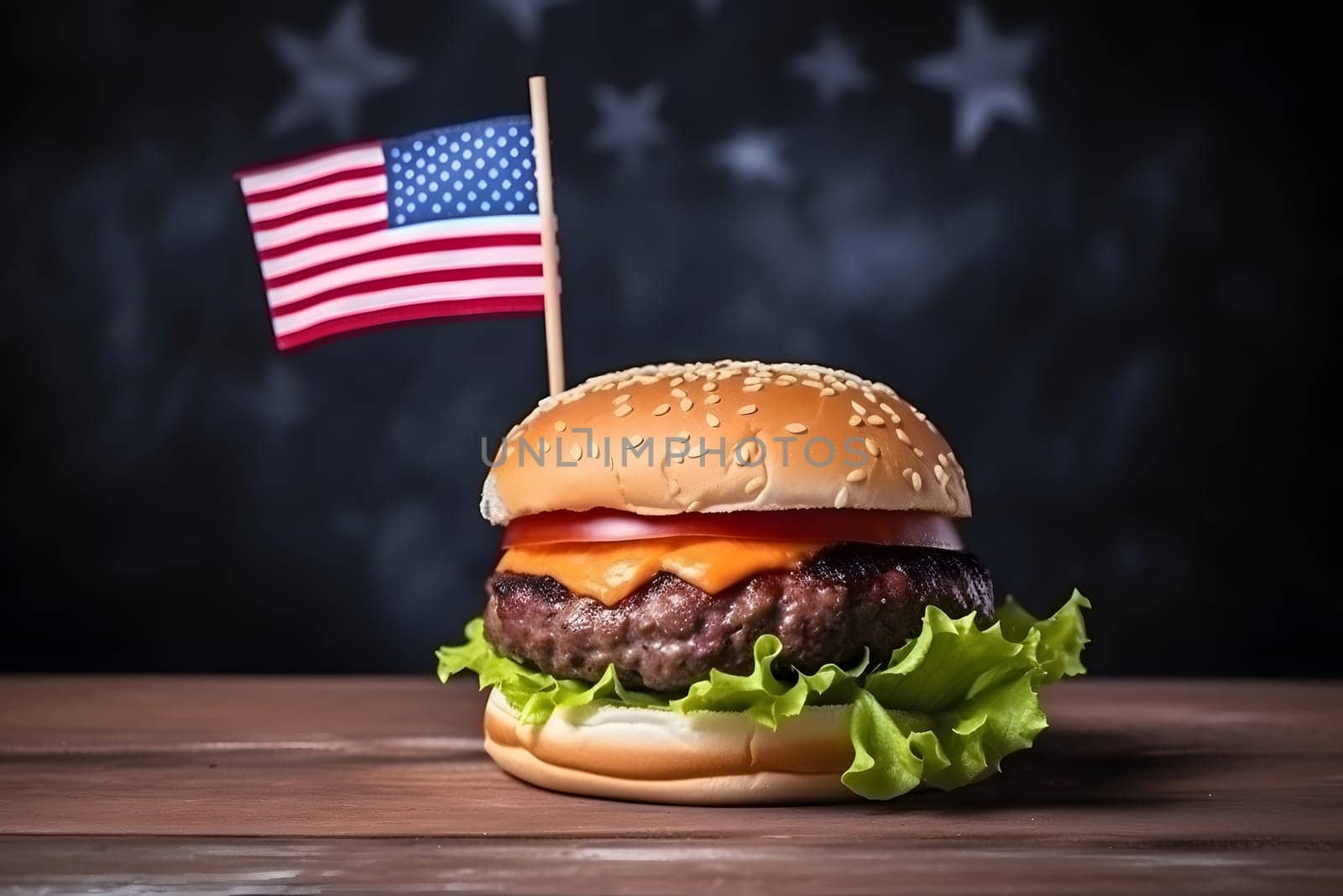 small hamburger with small american flag on it, dark background, US patriotic proud theme. Neural network generated in May 2023. Not based on any actual scene or pattern.