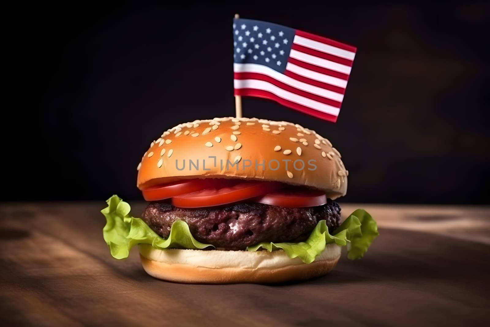 hamburger with small american flag on it, dark background, US patriotic proud theme, neural network generated image by z1b