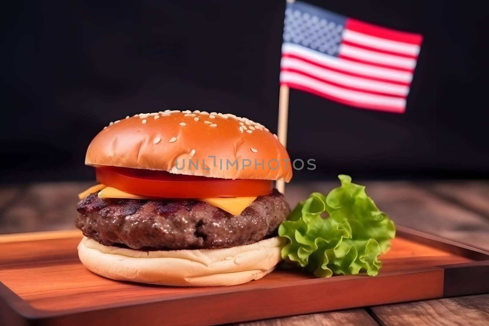 small hamburger with small american flag on it, dark background, US patriotic proud theme. Neural network generated in May 2023. Not based on any actual scene or pattern.