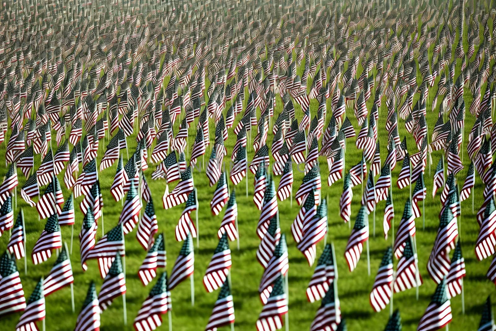 Memorial Day tribute. Many small American flags on a green lawn. Neural network generated in May 2023. Not based on any actual scene or pattern.