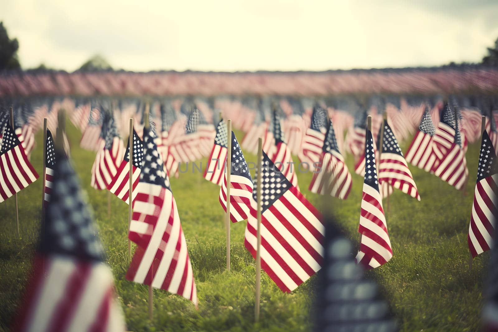 Memorial Day tribute. Many small American flags on a green lawn. Neural network generated in May 2023. Not based on any actual scene or pattern.