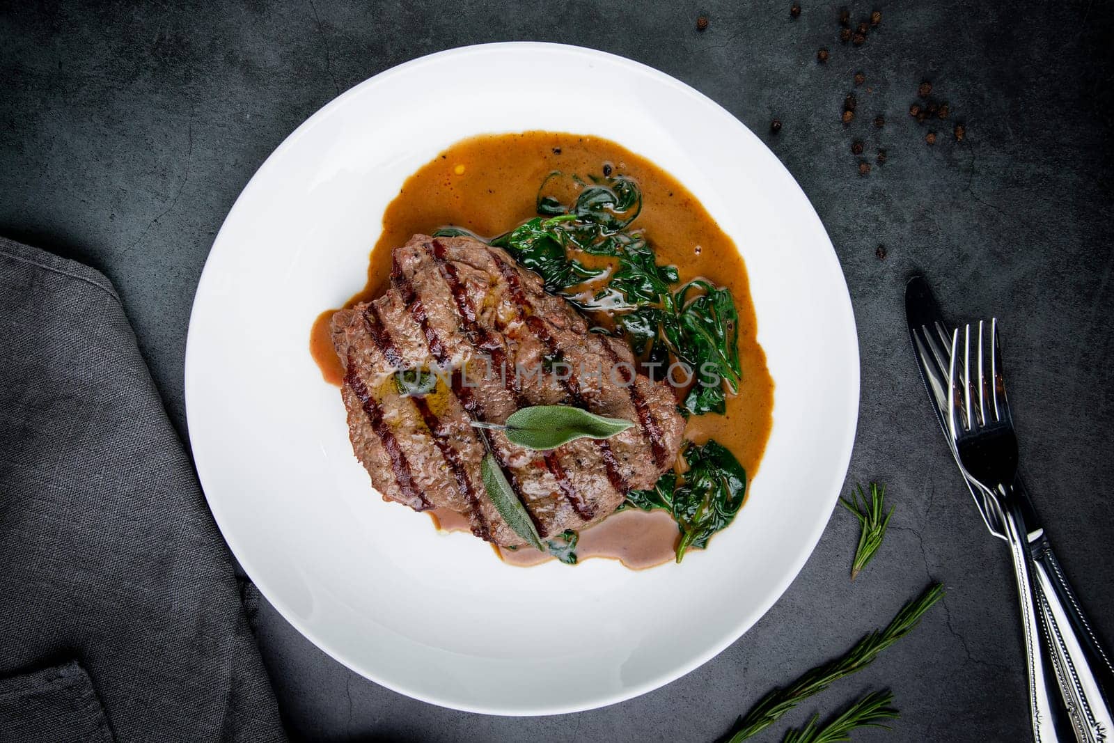 beef steak with gravy and herbs on a white plate by tewolf