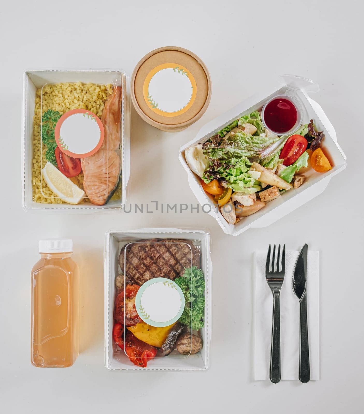 food in containers. proper nutrition, daily diet, weight loss. soup, drink, salad, steak. Top view by tewolf