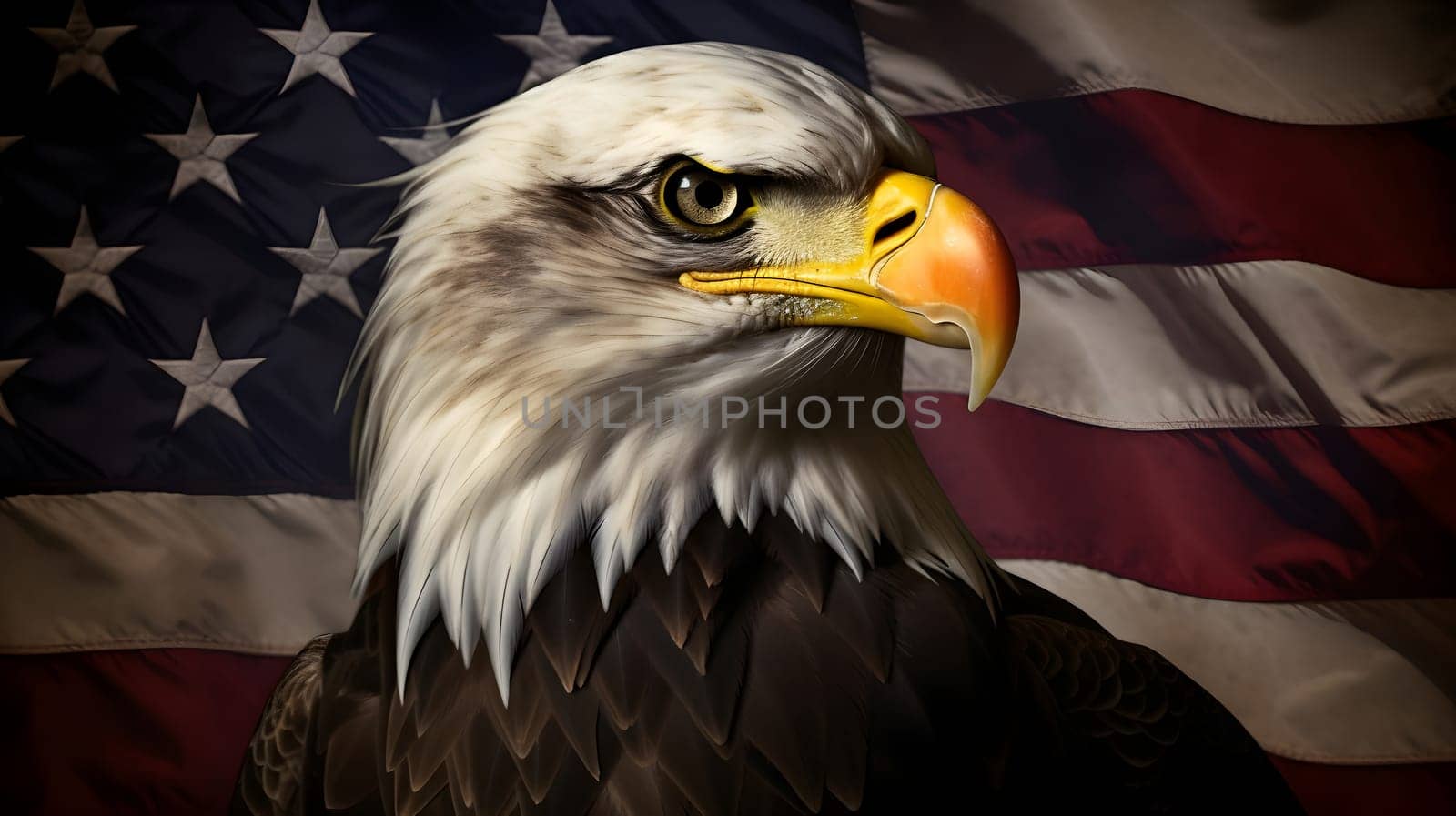 North American Bald Eagle on American flag background. Neural network generated in May 2023. Not based on any actual scene or pattern.