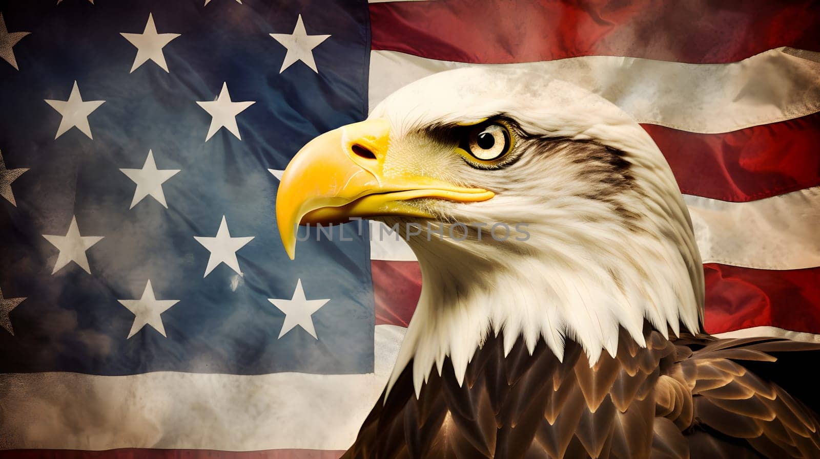 North American Bald Eagle on American flag background. Neural network generated in May 2023. Not based on any actual scene or pattern.