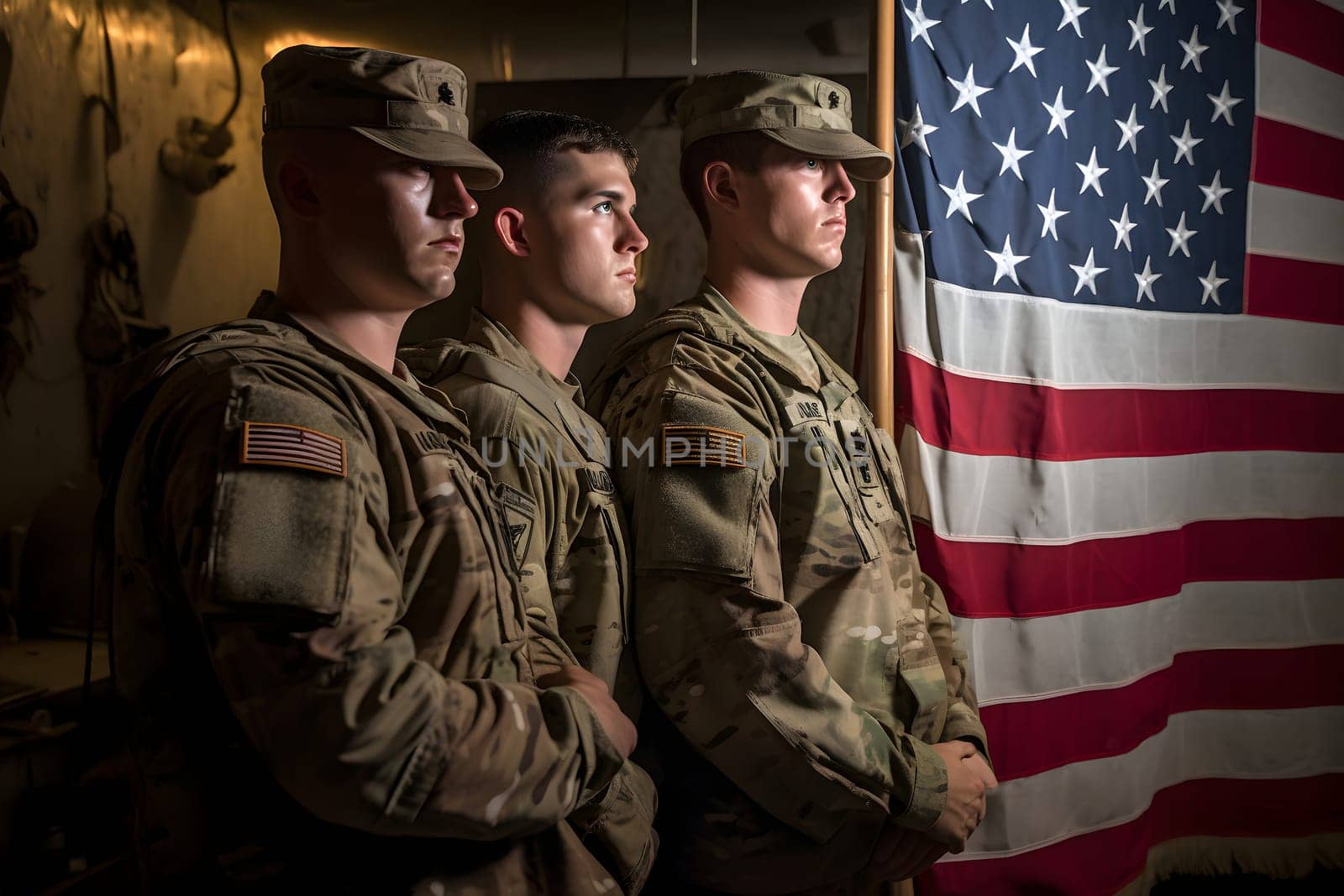 american soldiers and United States flag, neural network generated photorealistic image by z1b