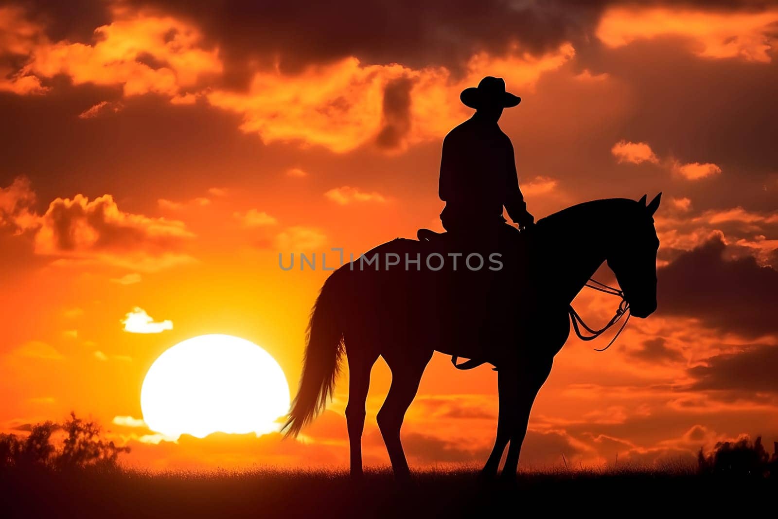 Silhouette of a cowboy on a horse at sunset. Neural network generated in May 2023. Not based on any actual person, scene or pattern.