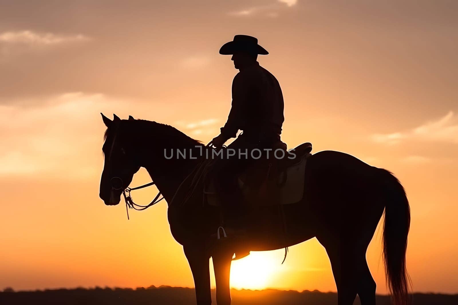 Silhouette of a cowboy on a horse at sunset. Neural network generated in May 2023. Not based on any actual person, scene or pattern.