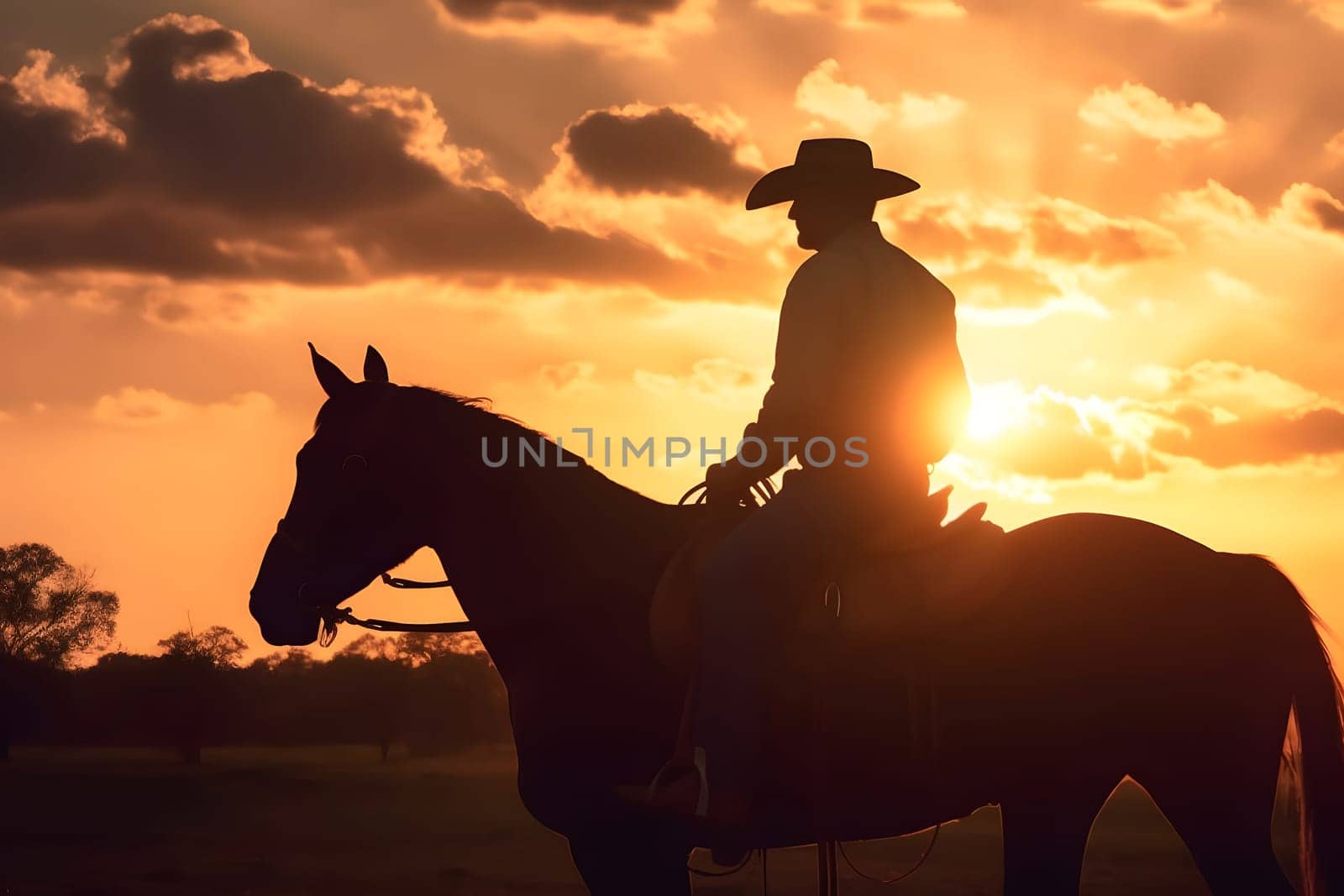 Silhouette of a cowboy on a horse at sunset. Neural network generated in May 2023. Not based on any actual person, scene or pattern.