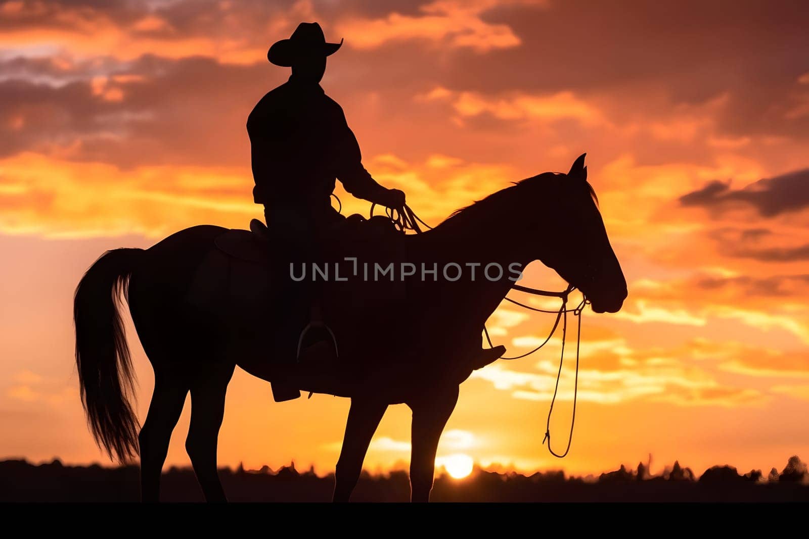 Silhouette of a cowboy on a horse at sunset. Neural network generated in May 2023. Not based on any actual person, scene or pattern.